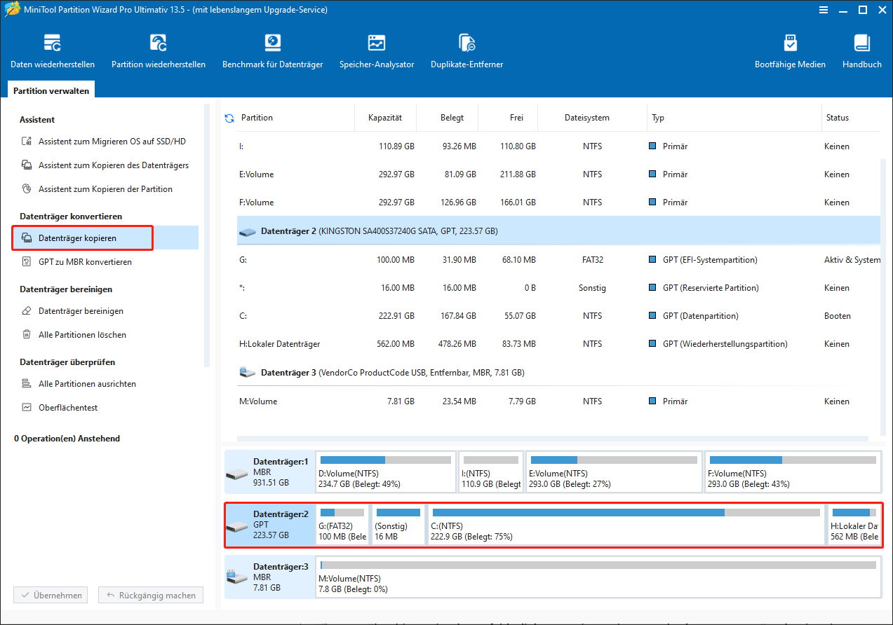 Fenster von MiniTool Partition Wizard mit ausgewähltem Systemdatenträger und Funktion Datenträger kopieren.