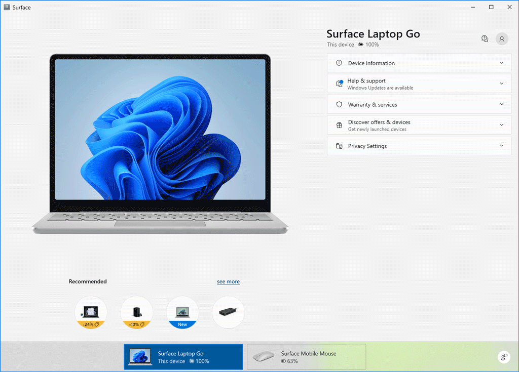 Hauptoberfläche der Surface-App.
