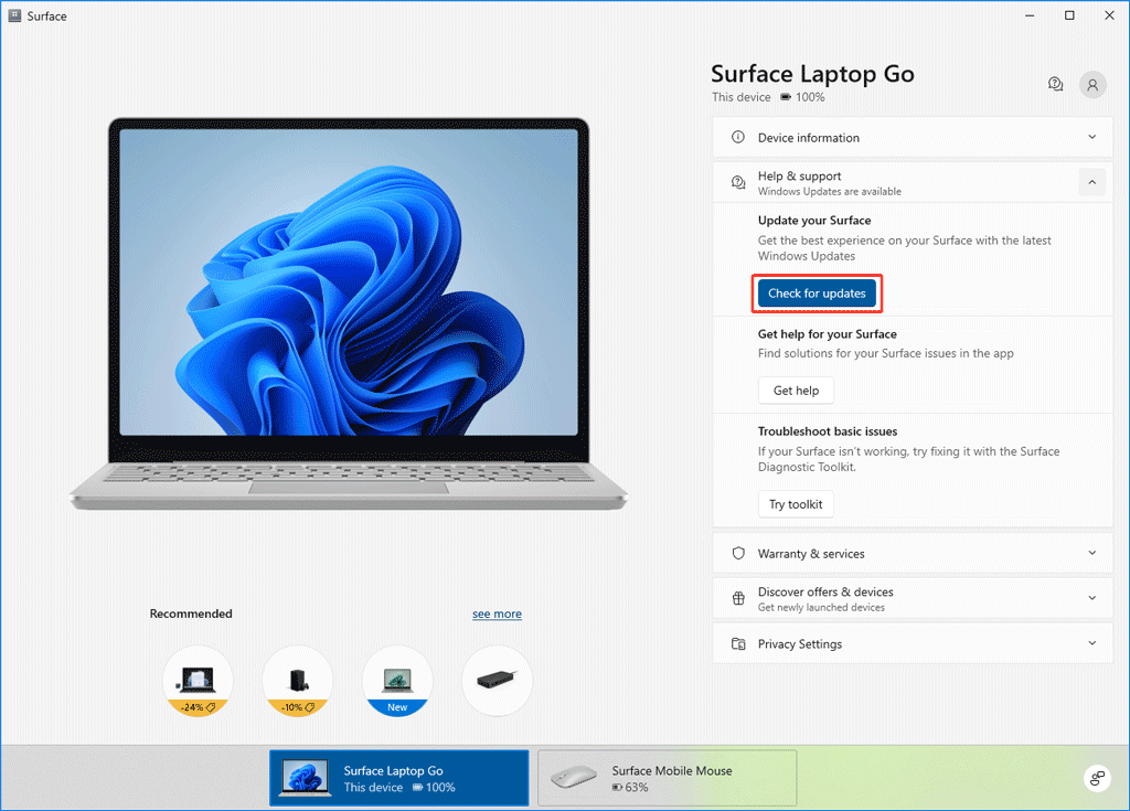Nach Updates suchen in Surface.