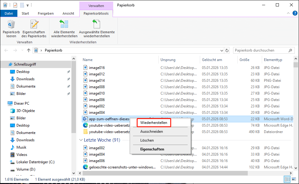 Wiederherstellung der Datei aus dem Papierkorb.