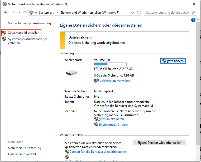 Auswahl der Option „Systemabbild erstellen“ mithilfe von Windows-Sicherung und -Wiederherstellung.