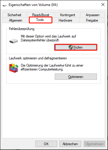 Überprüfung auf Dateisystemfehler über die Datenträgereigenschaften.