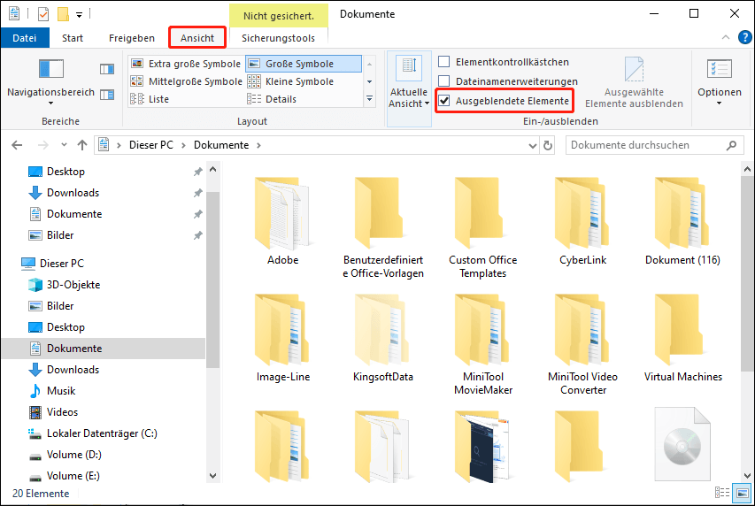 Anzeige ausgeblendeter Dateien unter Windows.