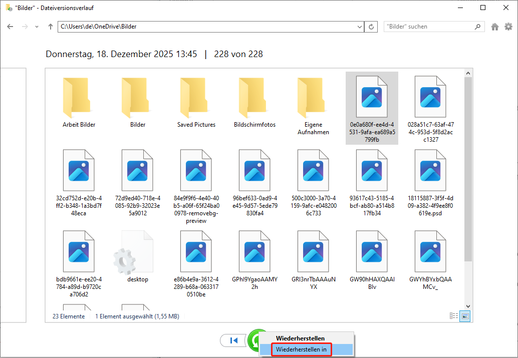 Wiederherstellung der Datei an einem anderen Speicherort mithilfe des Dateiversionsverlaufs.