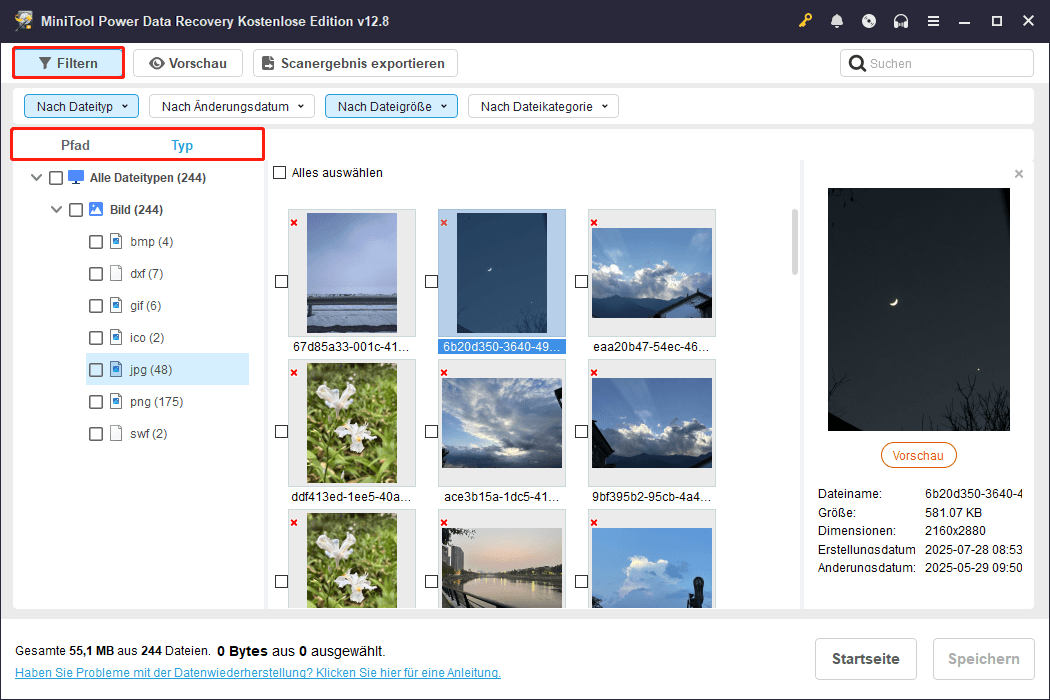 Verwendung integrierter Funktionen zum Filtern oder Suchen von Dateien in MiniTool Power Data Recovery.