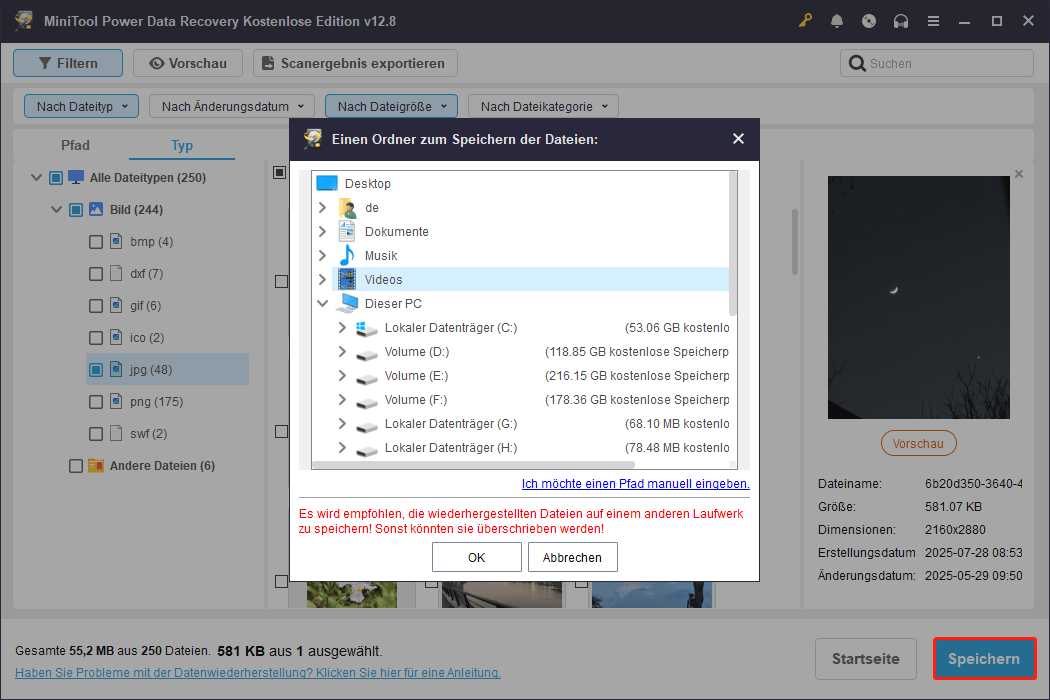 Speicherung wiederhergestellter Dateien an einem Speicherort in MiniTool Power Data Recovery.
