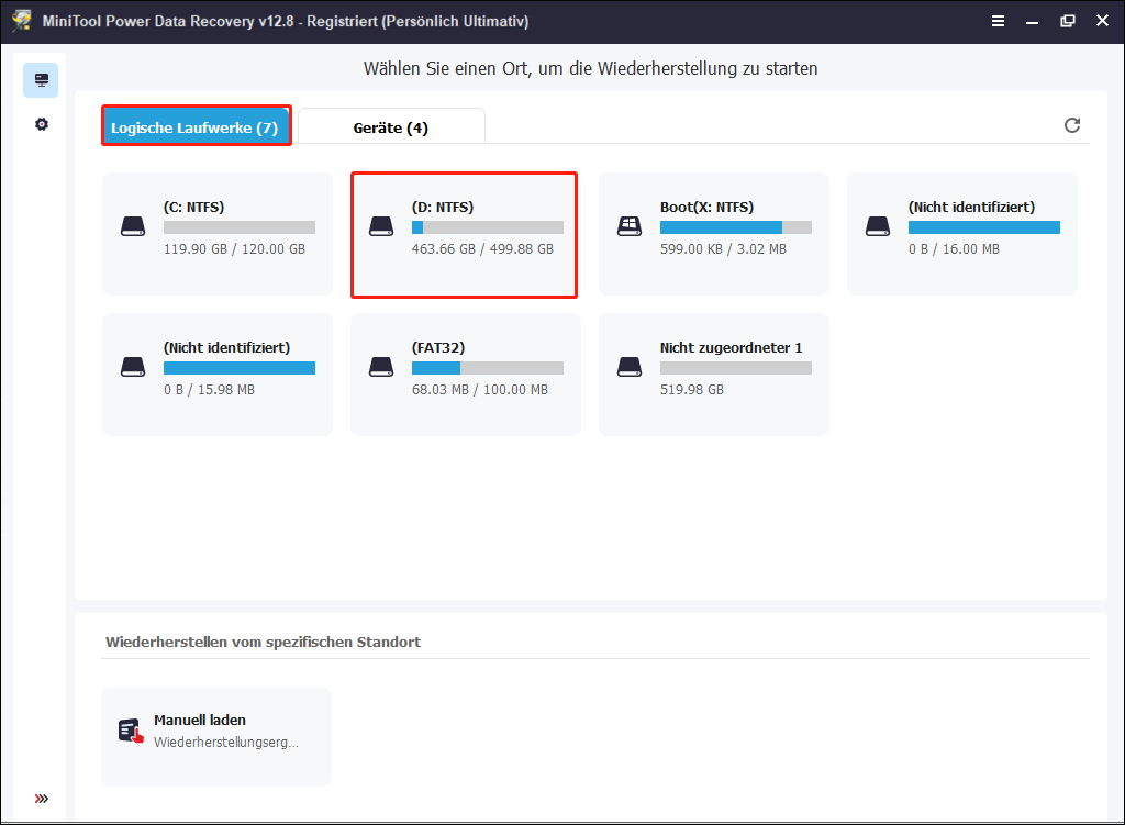 Auswahl des Systemlaufwerks zum Scannen in MiniTool Power Data Recovery.