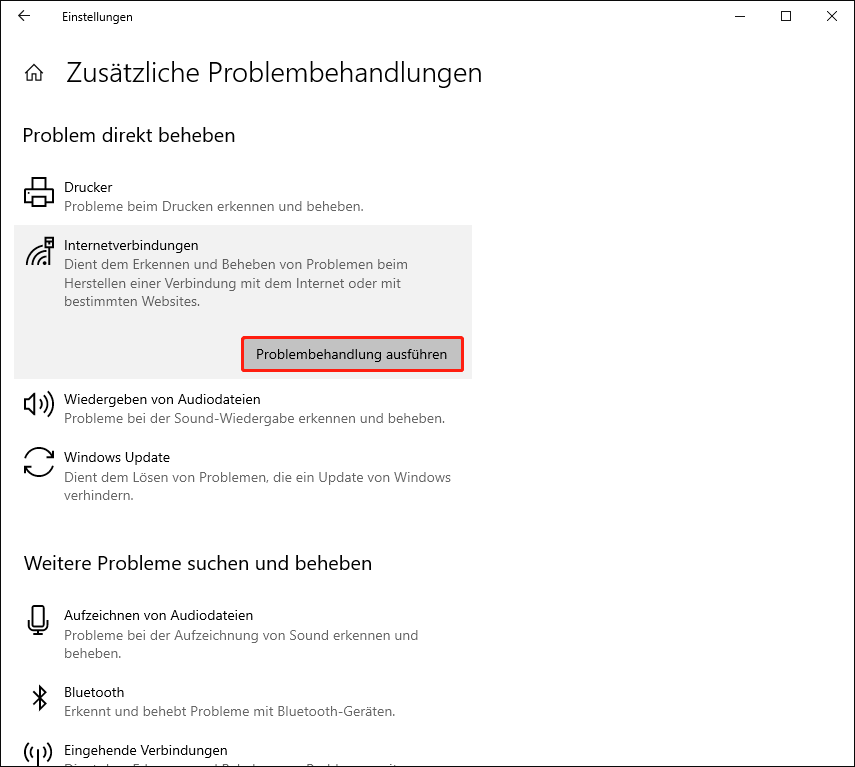 Ausführung der Problembehandlung für Internetverbindungen über die Einstellungen.