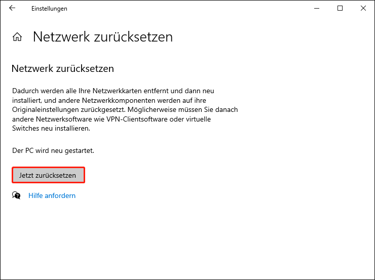 Zurücksetzung der Netzwerkeinstellungen über die Einstellungen.
