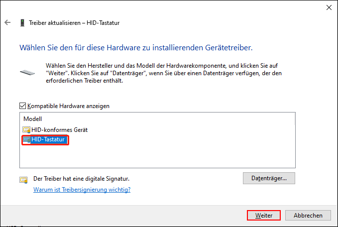 Auswahl der Option HID-Tastatur.
