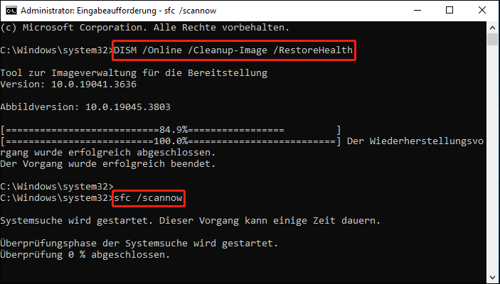 Ausführung von DISM und SFC zur Reparatur von Systemdateien in der Eingabeaufforderung.