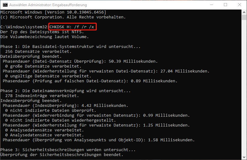 Ausführung der CHKDSK-Befehlszeile zur Reparatur von Dateisystemproblemen.