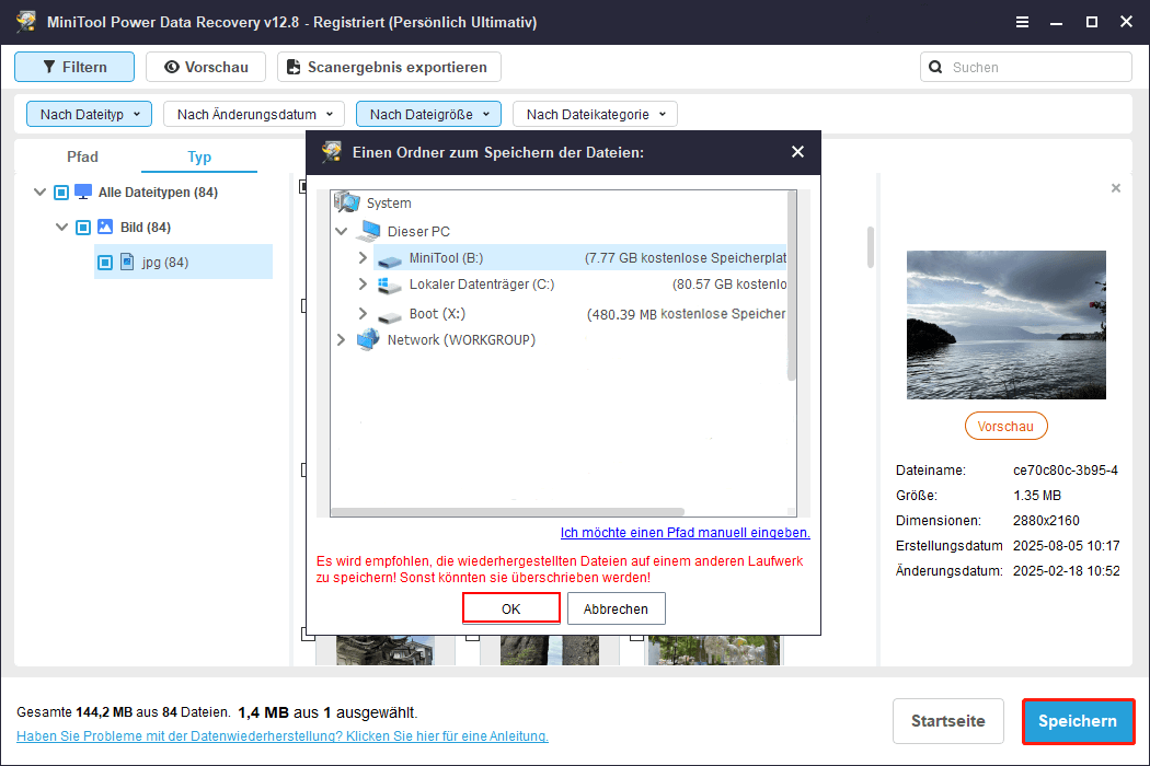 Speicherung wiederhergestellter Dateien in MiniTool Power Data Recovery.
