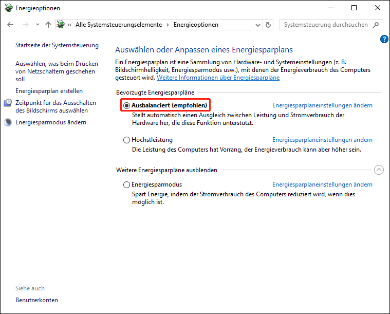 Auswahl des Energiesparplans Ausbalanciert in den Energieoptionen.