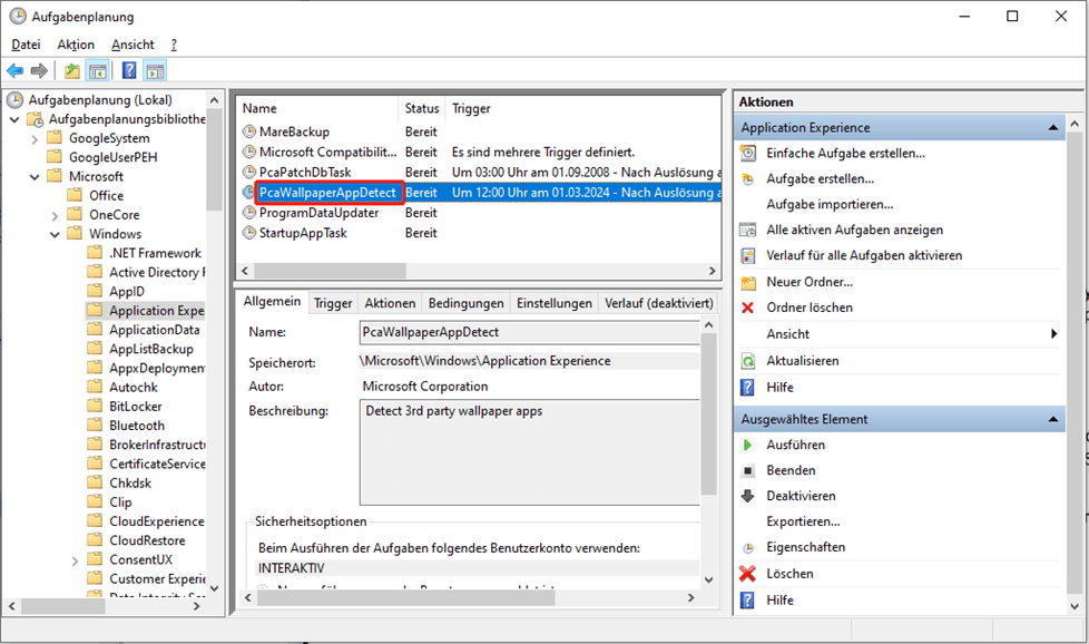 Auffinden der Aufgabe „PcaWallpaperAppDetect“ aus der Aufgabenplanungsbibliothek.