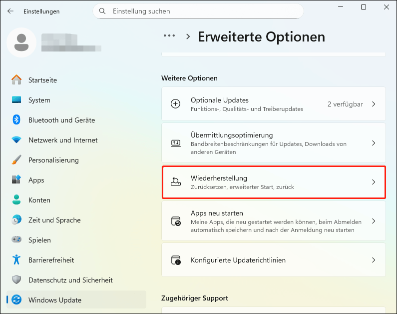 Auswahl der Wiederherstellung in Windows Update.