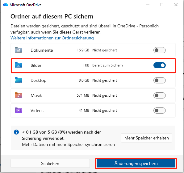 Auswahl der zu sichernden Ordner in OneDrive.
