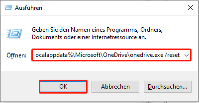 Kopieren und Einfügen des Befehls in das Textfeld und Klick auf die Option „OK“, um OneDrive zurückzusetzen.
