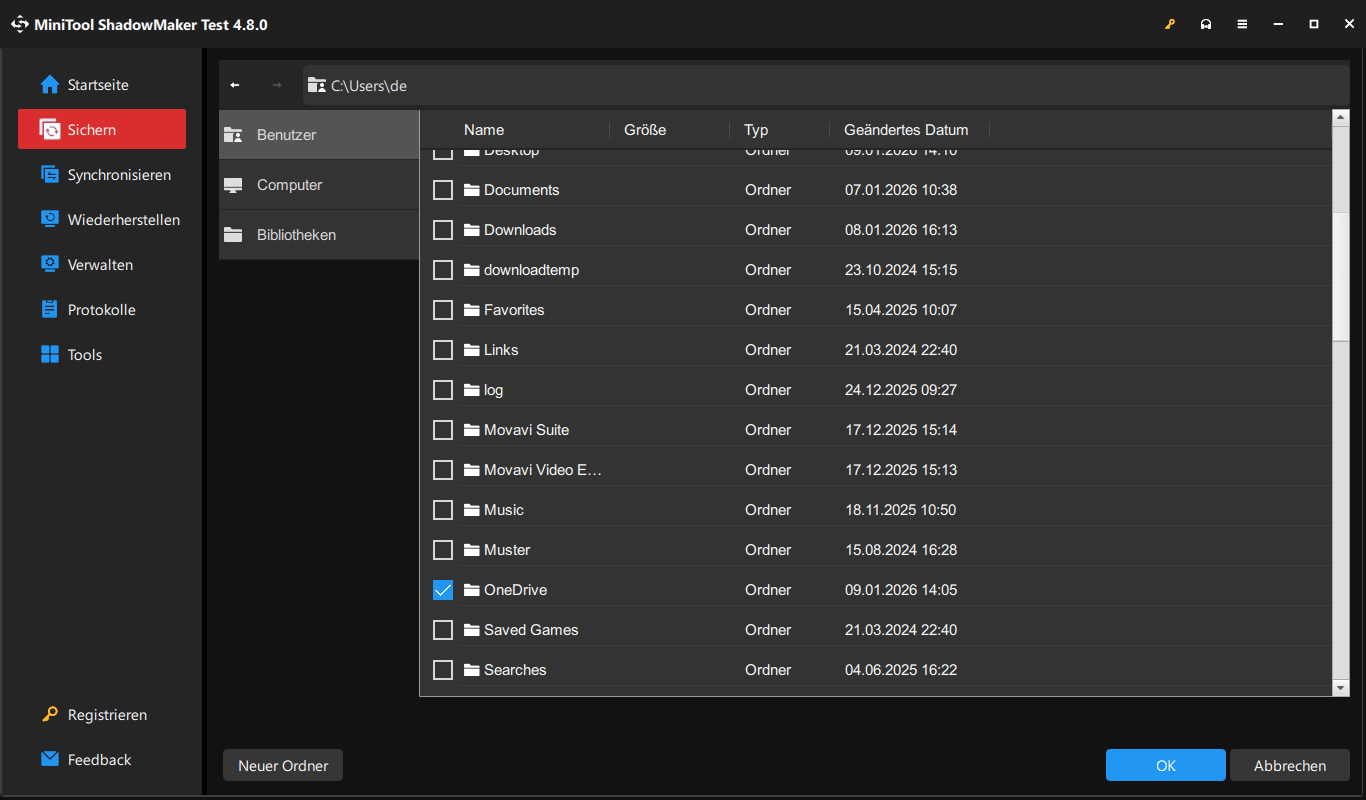 Der ausgewählte OneDrive-Ordner in MiniTool ShadowMaker.