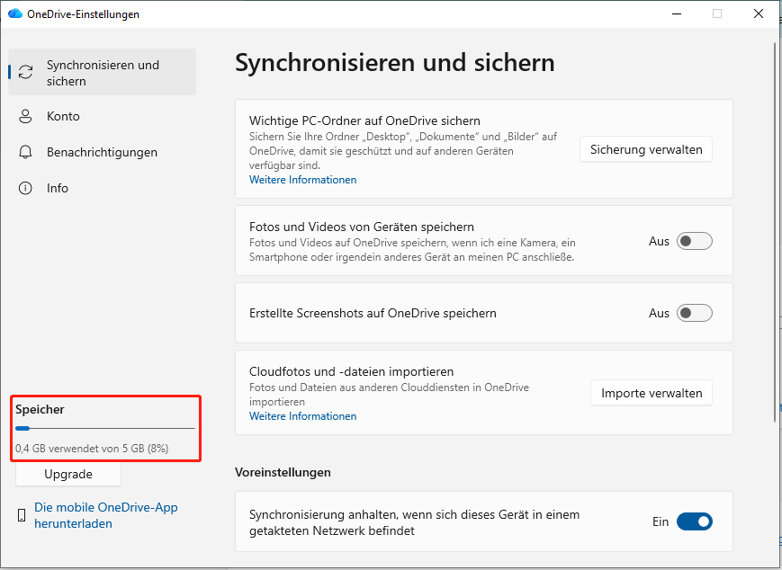 Anzeige detaillierter Informationen zum Speicherbereich in der linken Ecke.