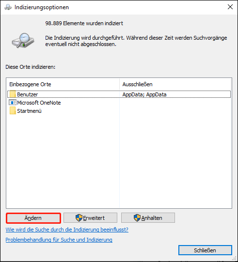 Änderung der Indizierungseinstellungen.