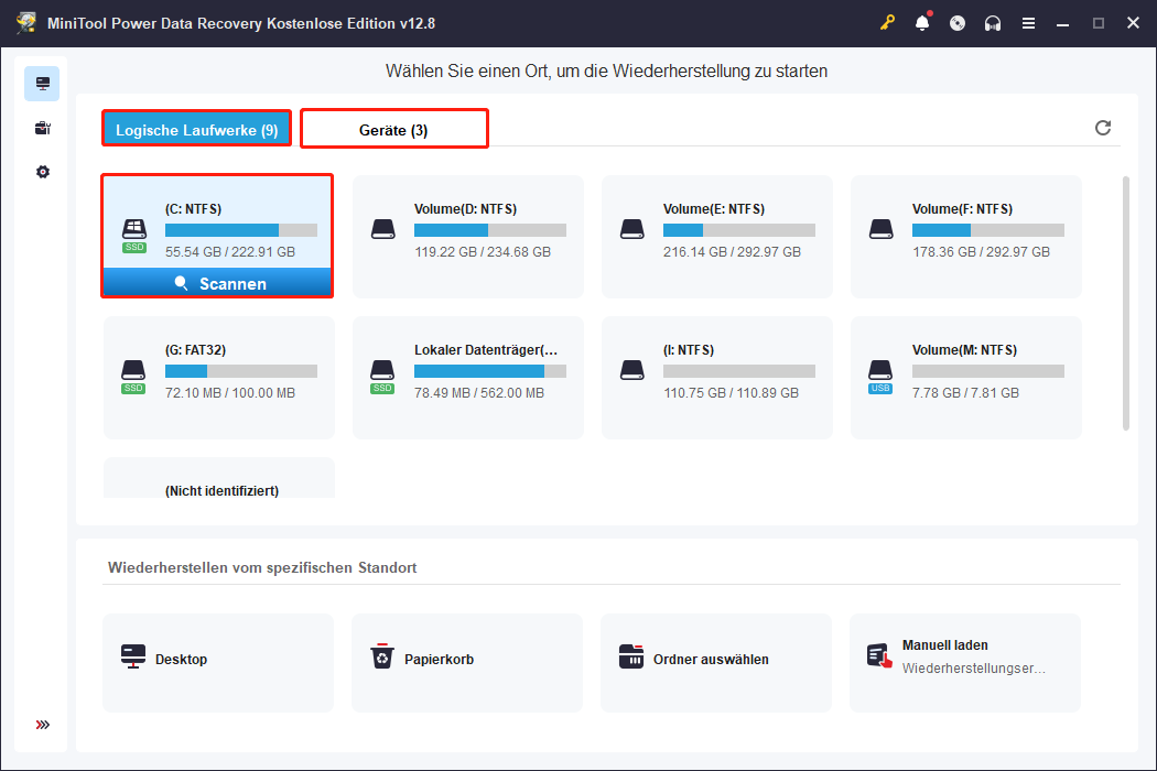 Auswahl einer Partition zum Scannen in MiniTool Power Data Recovery.