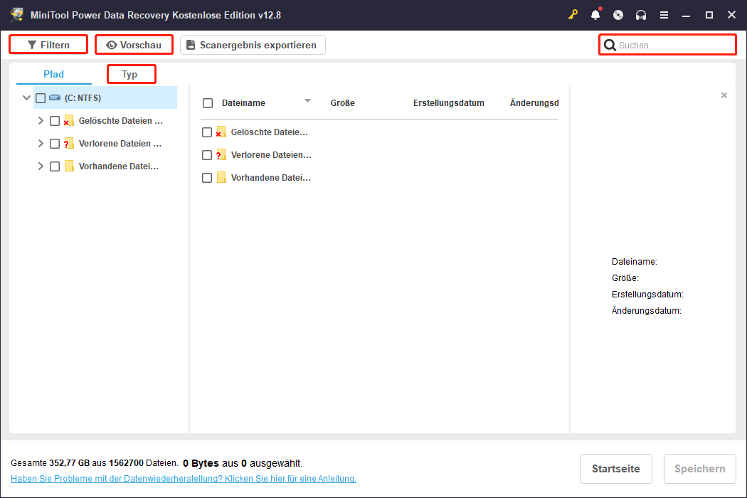Auffinden von Dateien mithilfe verschiedener Funktionen in MiniTool Power Data Recovery.