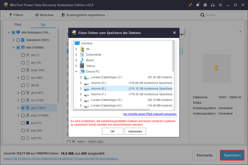 Auswahl aller benötigten Dateien und Klick auf die Schaltfläche Speichern in MiniTool Power Data Recovery.