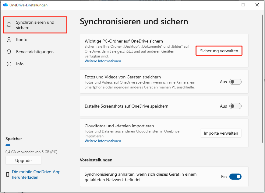 Auswahl der Option Sicherung verwalten in OneDrive.