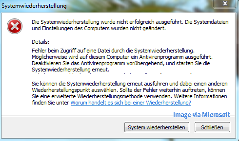 Vollständige Meldung des Fehlers beim Zugriff auf eine Datei durch die Systemwiederherstellung.