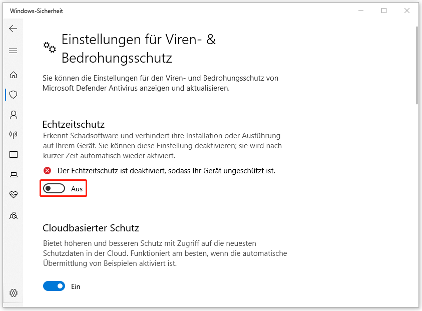 Ein Screenshot zum Deaktivieren der Funktion Echtzeitschutz in der Windows-Sicherheit.