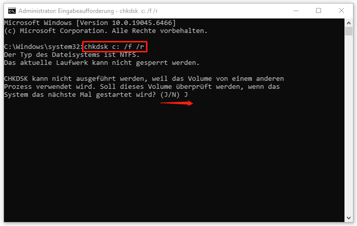 Ein Screenshot zum Planen der Festplattenüberprüfung beim nächsten Start des PCs.