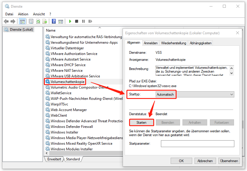 Ein Screenshot zum Ändern des Starttyps der Volumeschattenkopie auf Automatisch.