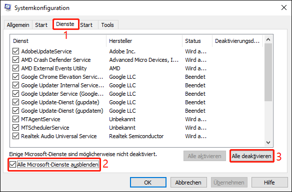 Deaktivierung aller Nicht-Microsoft-Dienste im Fenster Systemkonfiguration.