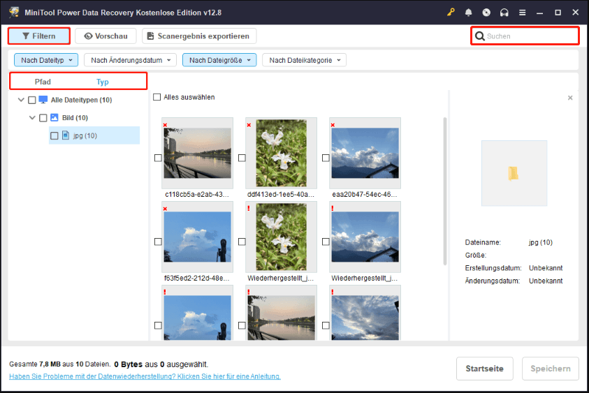 Pfad-, Typ-, Filter- und Suchfunktionen in MiniTool Power Data Recovery.