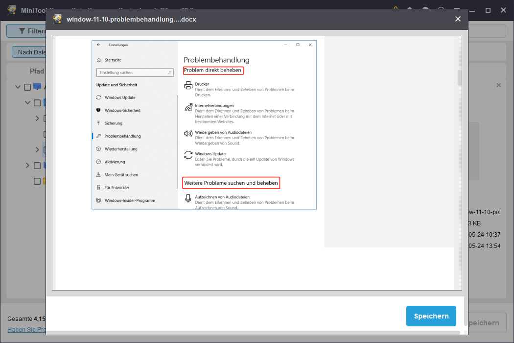 Vorschau eines Word-Dokuments in MiniTool Power Data Recovery.