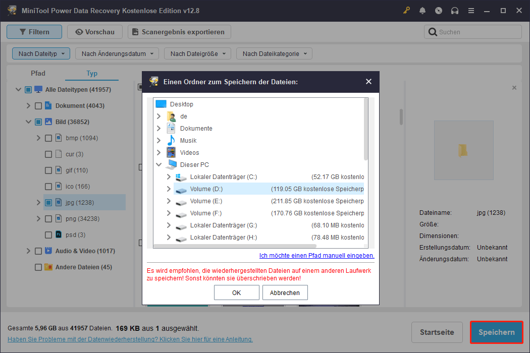Markierte Dateien an einem neuen Speicherort in MiniTool Power Data Recovery speichern.