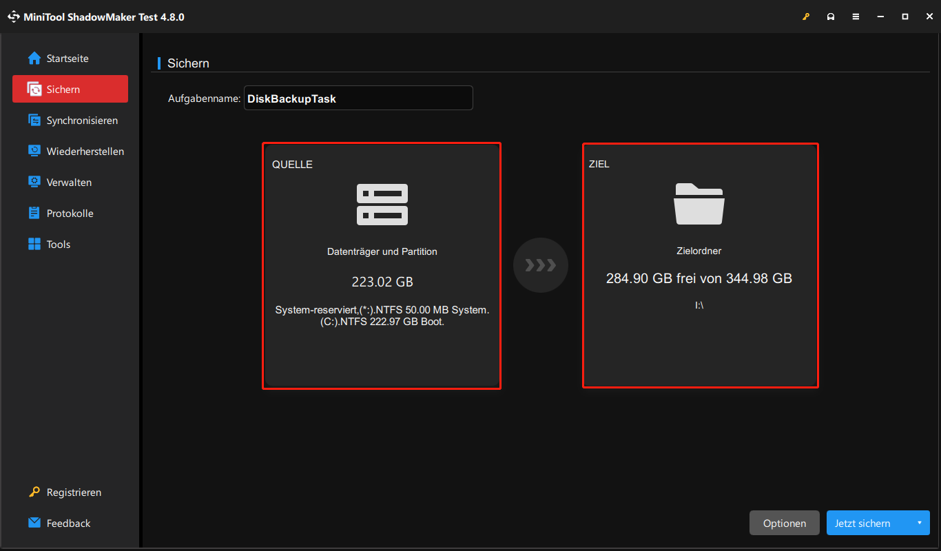 Markierung von Sicherungsquelle und -ziel in MiniTool ShadowMaker.