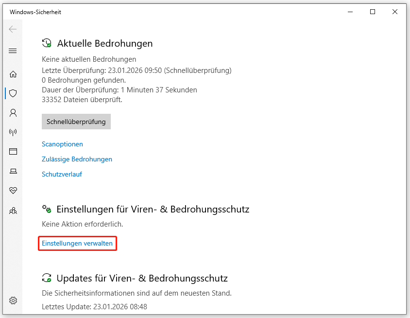 Markierung von Einstellungen verwalten unter Einstellungen für Viren- & Bedrohungsschutz.
