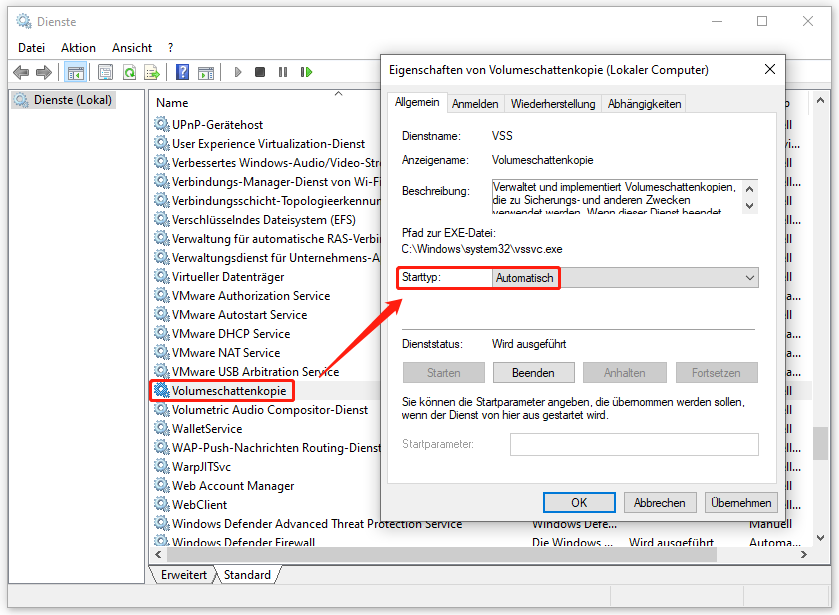 Ein Screenshot zum Ändern des Starttyps des Volumenschattenkopie-Diensts.