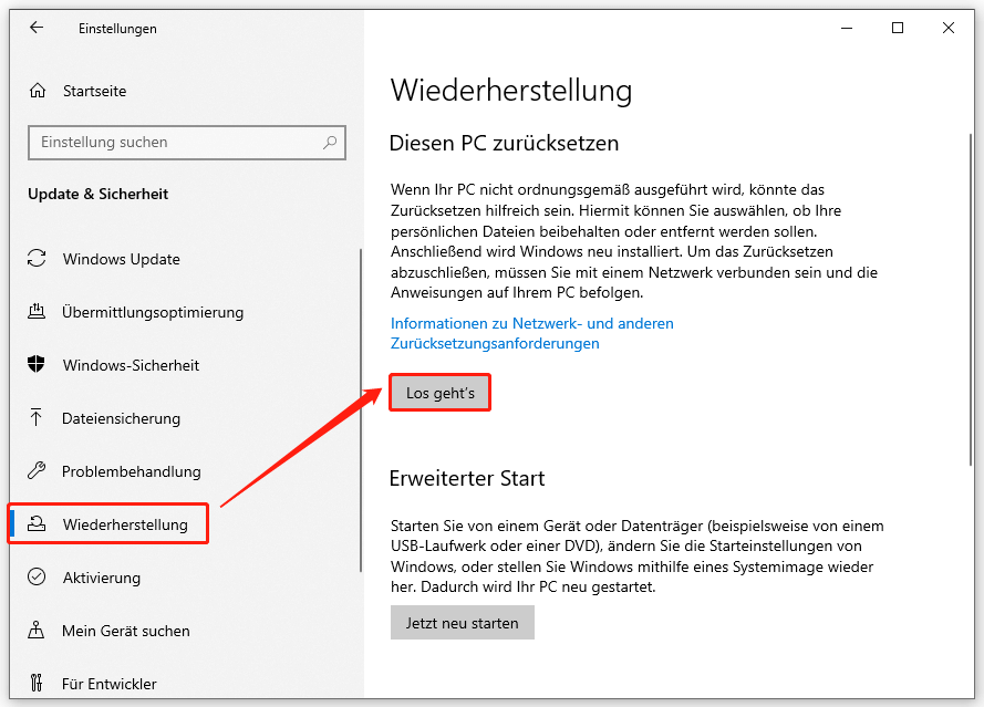 Markierung von Los geht’s unter Diesen PC zurücksetzen.