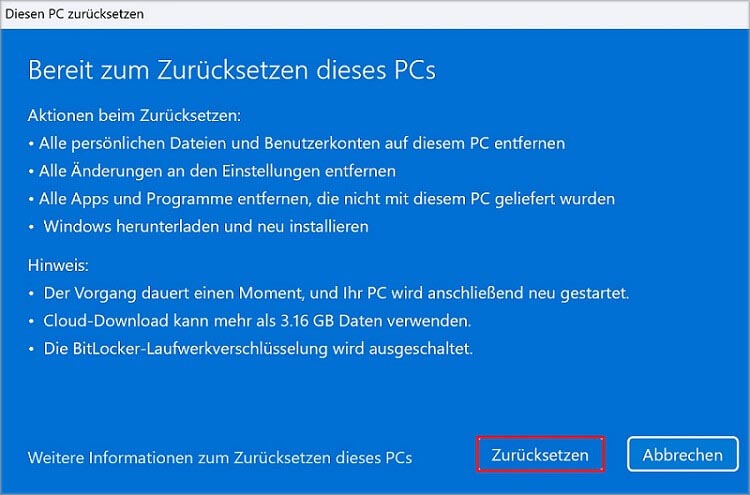 Ein Screenshot über Aktionen beim Zurücksetzen eines PCs.