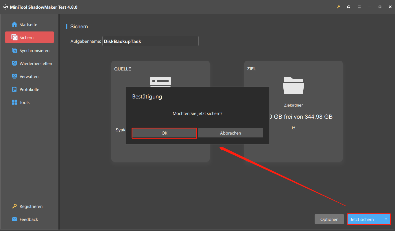 Markierung von OK im Popup-Fenster zur Bestätigung.
