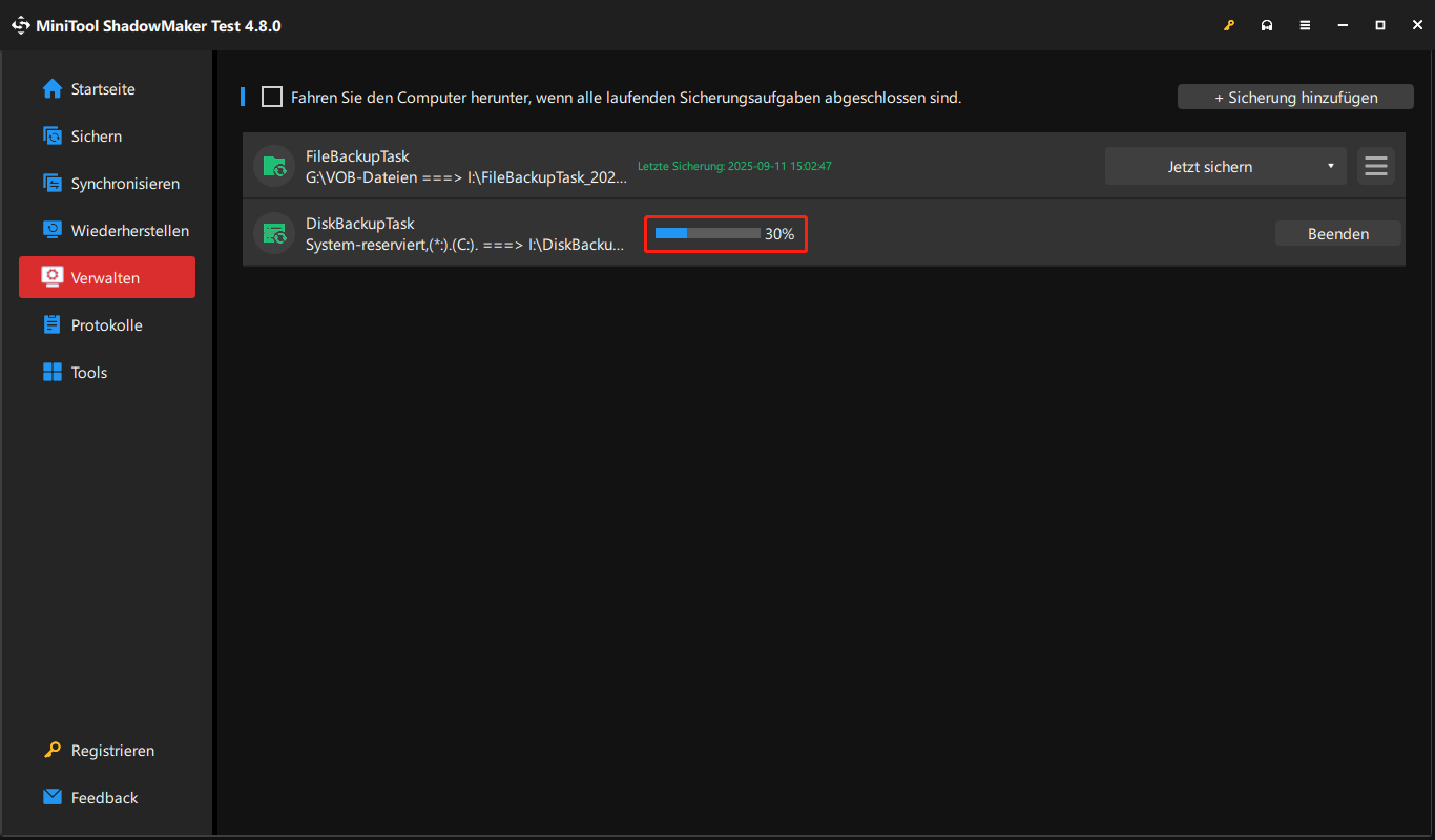Markierung des Fortschritts der Systemsicherung auf der Seite Verwalten.