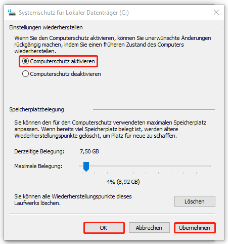 Auswahl der Option Computerschutz im Fenster Systemschutz.
