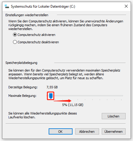 Ein Screenshot zum Erhöhen maximaler Speicherplatzbelegung für den Computerschutz.