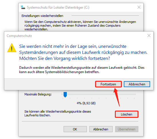Markierung von Löschen und Fortsetzen.