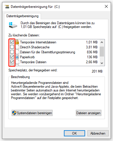 Markierung verschiedener Kategorien zum Löschen in der Datenträgerbereinigung.