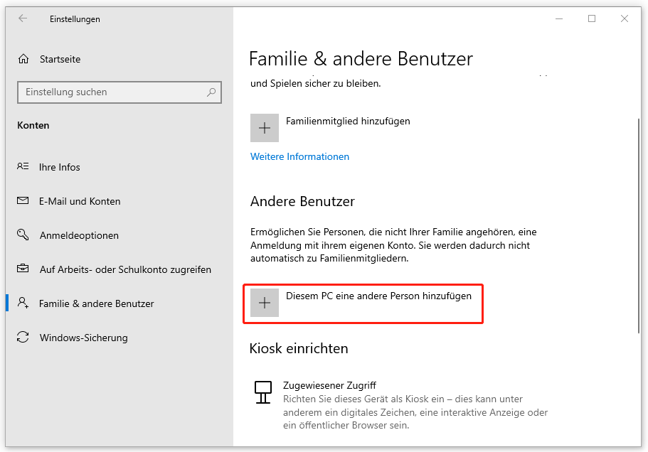 Markierung von Diesem PC eine andere Person hinzufügen in den Windows-Einstellungen.