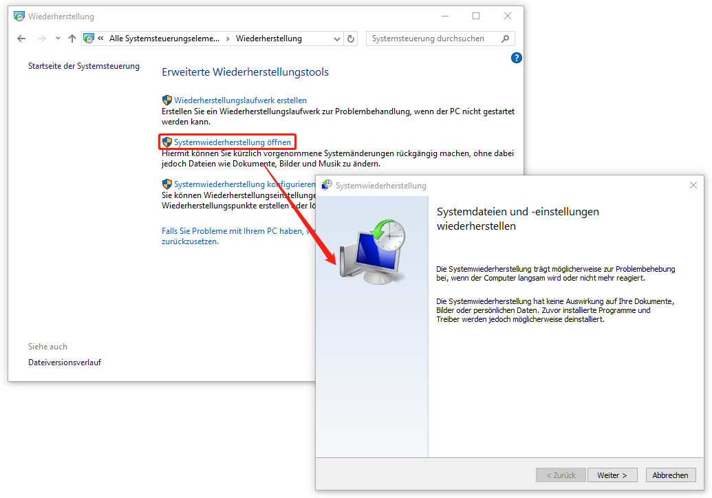 Ein Screenshot zum Aufrufen der Systemwiederherstellung über die Systemsteuerung.